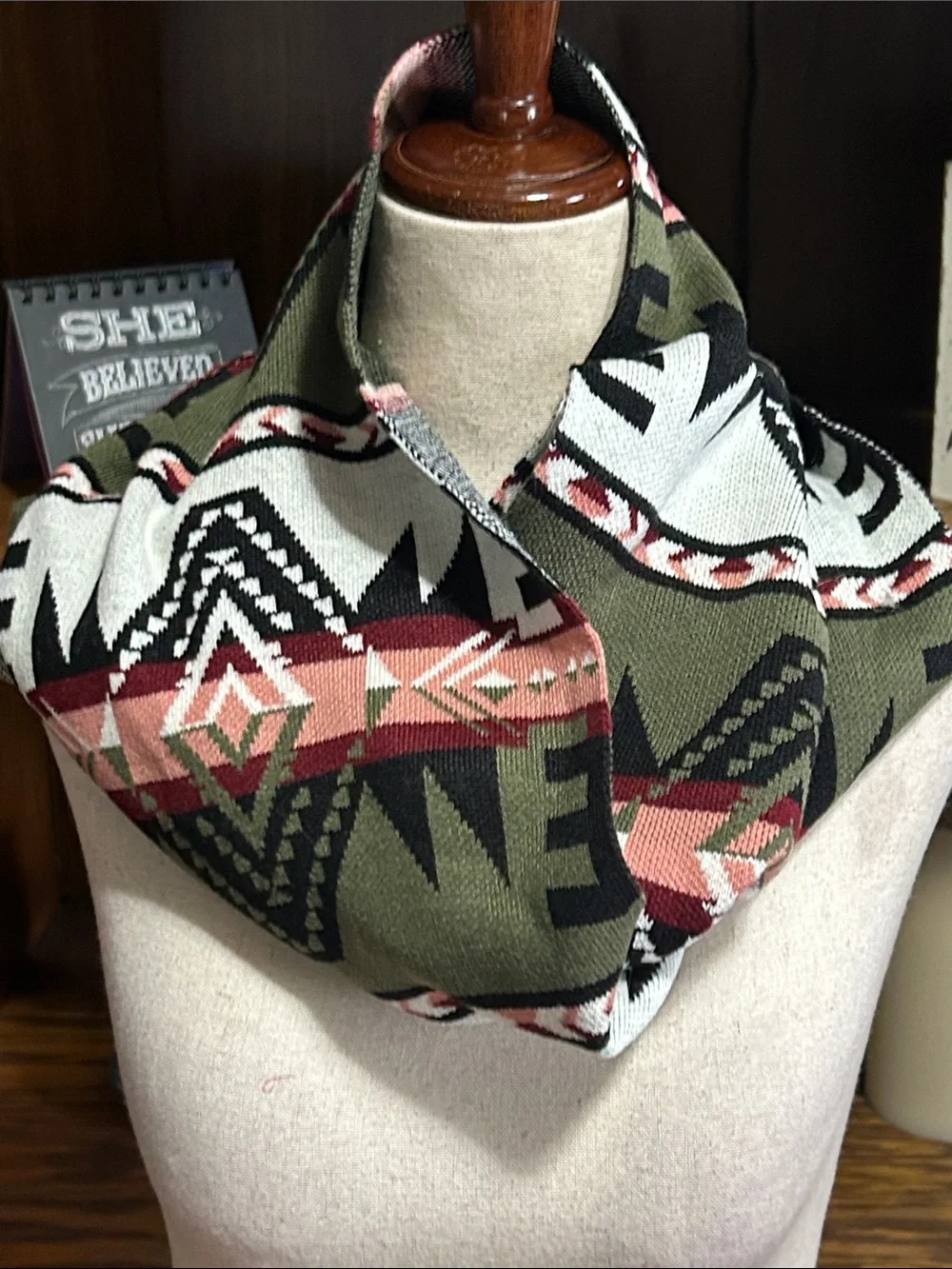 Wallflower Olive & Rust Aztec Knit Infinity Scarf NWOT